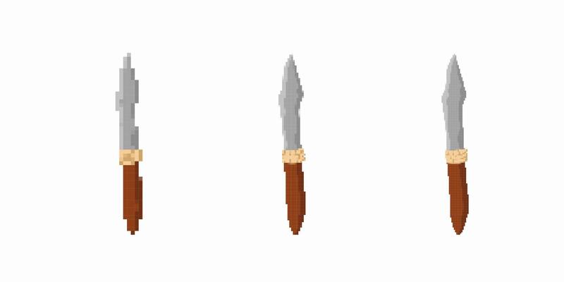 Set of three pixel art swords with wooden handles and silver blades in different angles