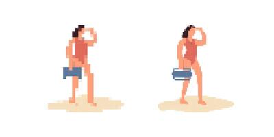 Retro pixel art figures holding luggage and standing casually in different poses vector