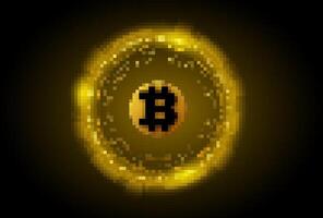 Pixel art glowing Bitcoin coin with golden aura vector