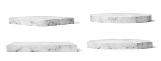 Realistic marble podium stands, column platforms vector