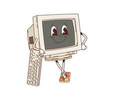 Cartoon groovy computer pc monitor character vector