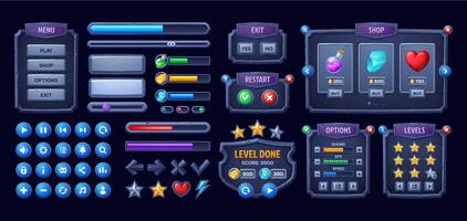 Stone game interface, Medieval UI game buttons vector