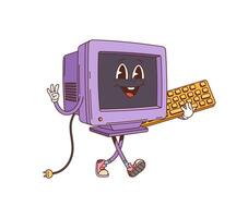 Cartoon retro groovy computer monitor character vector