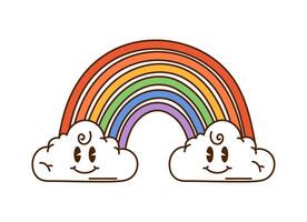 Cartoon groovy rainbow with clouds character vector