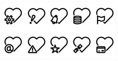Set of 10 heart icons as heart settings, heart info, heart notification vector