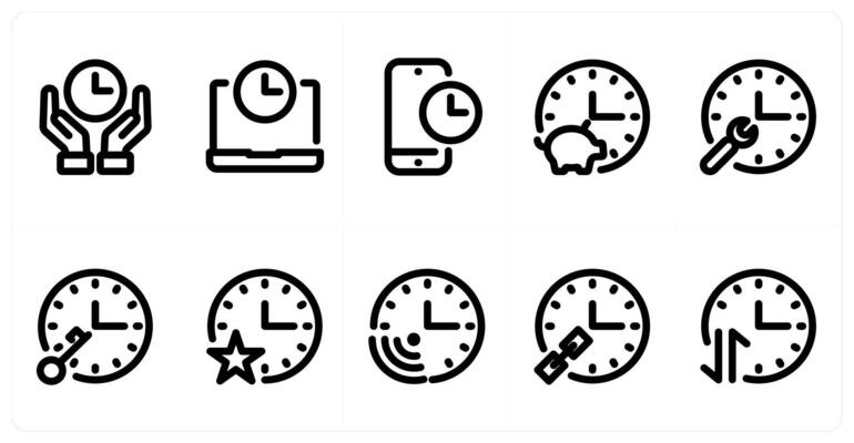 Set of 10 time icons as time, laptop time, mobile time