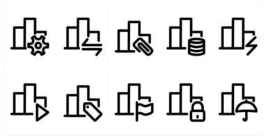 Set of 10 bar graph icons as graph setting, graph sync, graph link vector