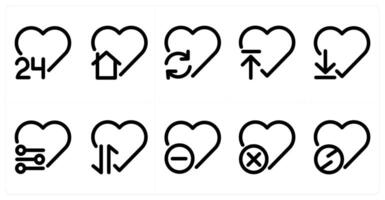 Set of 10 heart icons as 24x7 heart, heart home, heart refresh vector