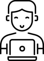A linear style icon of a character doing online communication via laptop vector
