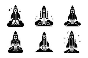 Spaceship rocket launch silhouette icon set isolated vector