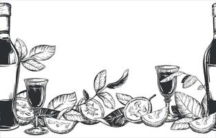 Bottle of Italian liqueur Nocino, glass with aperitif. seamless pattern in engraving technique. Unripe walnut seeds whole and halves, leaves and branches. Linear sketch in black ink. vector