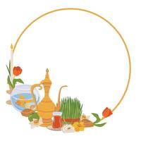 greeting card with Novruz. Round frame with space for text. Wheat sprouts, flowers, sweets, fish, mirror, baklava - symbols of the spring equinox. Iranian, Persian New Year Nawruz. vector