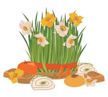 The most beautiful symbol of the Iranian table Haft Sin - green grass. Spring sprouts of wheat, a symbol of life and freshness for the Persian New Year. Flowers and sweets on the day of Nowruz. vector