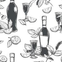 Bottle of Italian liqueur Nocino, glass with aperitif. seamless pattern in engraving technique. Unripe walnut seeds whole and halves, leaves and branches. Linear sketch in black ink. vector