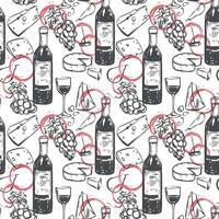 Seamless pattern with wine and snack. Wine glass, cheese, grapes, bottle, glass and wine stains in ink linear sketch style. Background for packaging, wallpaper or package. vector