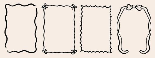 Set of outline scallop frame border in doodle style. Retro frame with wavy border and bow. Brush hand drawn rectangle vector