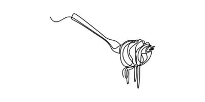 Continuous one line drawing pasta spaghetti noodles with forks isolated on white background vector