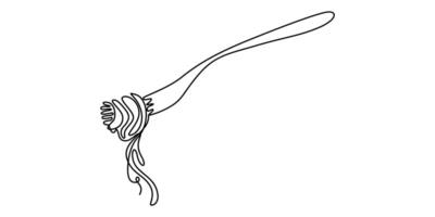 Single continuous one line drawing illustration of pasta spaghetti noodles with forks isolated on white background vector