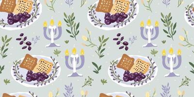 An elegant Seder plate with matzah, bitter herbs, charoset, and a roasted bone, as well as a small candle glowing gently that reflects the warmth and simplicity of Passover Eve. vector
