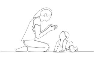 Continuous one line drawing of baby crawling towards happy mother., happy parenting concept, single line art vector
