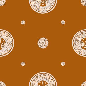 Seamless pattern with kawaii white suns of various sizes on a brown background vector