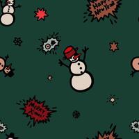 Seamless Christmas and New Year pattern with playful snowmen, festive speech bubbles, and seasonal decor on a green background vector