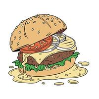 Colorful illustration of a juicy burger with melted cheese, lettuce, tomato, and onion slices in a sesame bun. Perfect for food related designs, menus, advertisements and culinary blogs vector