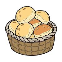 Color illustration of soft bread rolls in a woven basket. Ideal for food-themed designs, bakery branding, menu illustrations, or culinary related creative projects vector