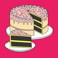 A playful illustration of a chocolate layer cake with pink frosting and decorative toppings, suitable for food advertisements, menus, and creative designs. vector