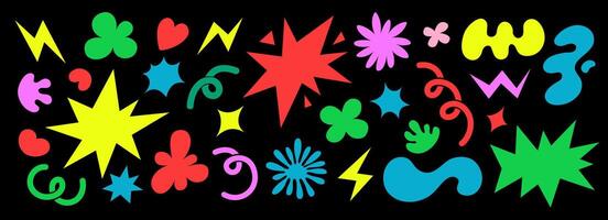 Abstract clouds and flowers shapes sticker set. Groovy funky flowers, bubbles, stars, loops and waves in trendy retro cartoon style. Illustration with wavy elements. vector