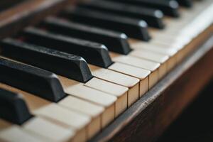 Close-up of piano keys shows age and character of a musical instrument ready to be played. photo