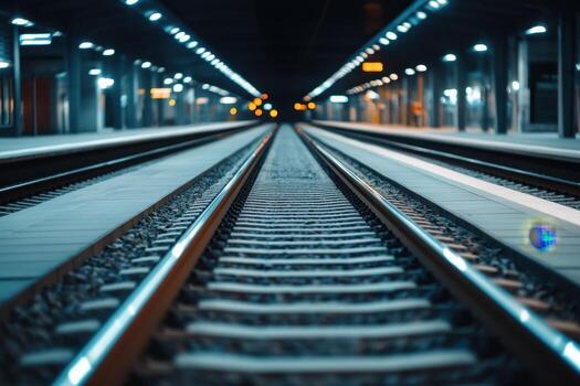 Symmetrical view of railway tracks leading to the horizon, lined with platform edges photo
