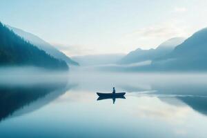 Serene boat ride on a misty lake, with mountains in the background reflecting in the water photo