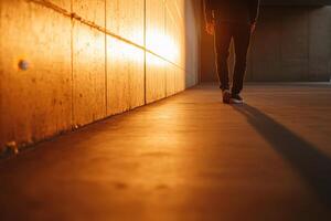 Person walking through an illuminated passage, bathed in warm light, casting a long shadow photo