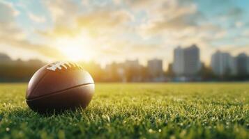 Leather ball awaits action under a golden sky, cityscape view in the backdrop. Sports and leisure photo