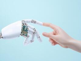 Human touch meets technology, a robotic hand extends to meet the gentle fingertip of a person photo
