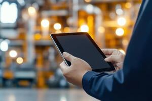 Technician using a tablet for industrial maintenance, data analysis, and process optimization photo