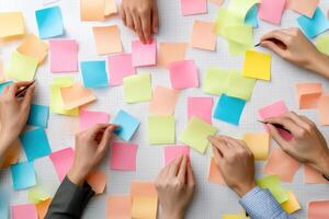 Team collaborating, brainstorming and organizing ideas on colorful adhesive notes on a whiteboard photo