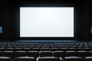 Rows of empty theater seats face a large, bright white screen in anticipation of a film photo