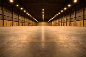 Spacious Empty Warehouse, An industrial warehouse is illuminated by bright overhead lighting photo