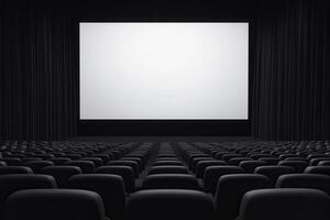 Rows of empty dark seats face a large bright white screen in a spacious viewing theater photo