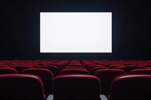 Empty cinema auditorium with rows of red seats facing a blank white screen, awaiting the show photo