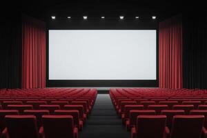 Empty theater with red seats facing a large blank screen, ready for a film or presentation photo