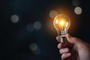 Illuminated lightbulb being held in hand against a dark background with blurred light effects photo