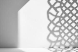 Abstract shadows dance on a white wall, creating intricate patterns and a sense of depth photo