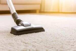 Cleaning a fluffy white carpet with a vacuum cleaner in a bright room for a fresh and clean home photo