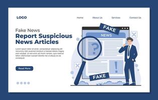 Fake news concept illustration showing hoax landing page template. Search engine optimization website page design. vector