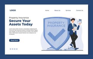 illustration of web page design template. Businessman with property insurance concept, shield and check mark. Modern flat style. vector
