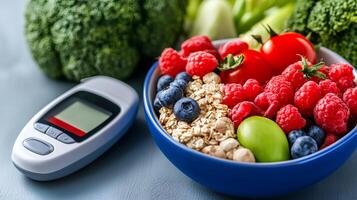 Fresh Fruits and Vegetables with Glucometer for Healthy Lifestyle photo