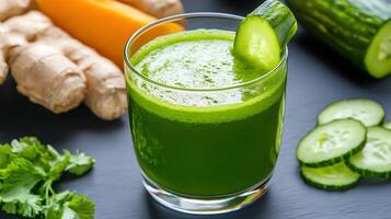 Fresh Green Juice with Cucumber Carrot Ginger and Herbs on Table photo